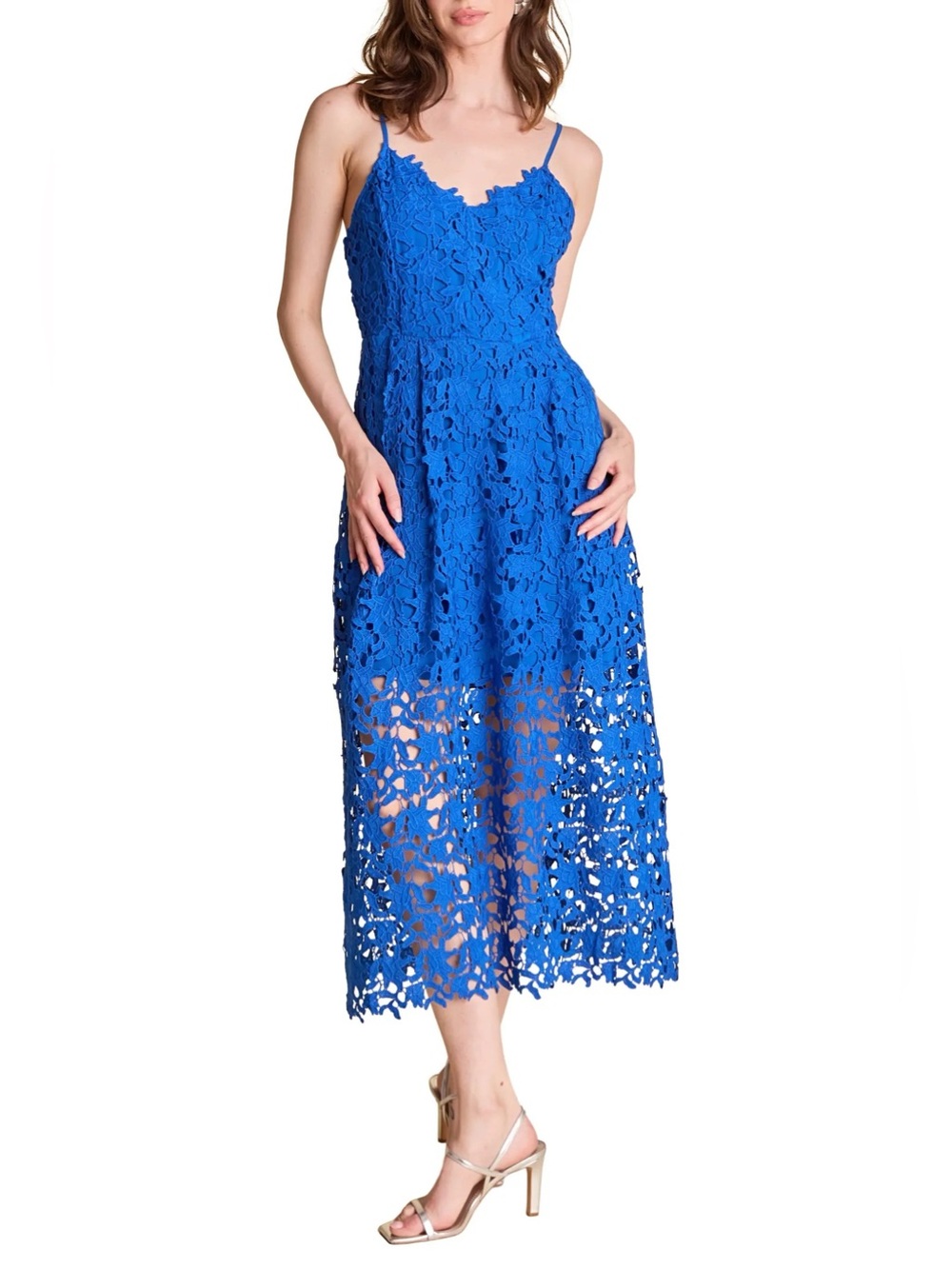 Endless Rose Blue Floral Lace Overlay Midi Dress Sz L Summer Boho Beach Casual